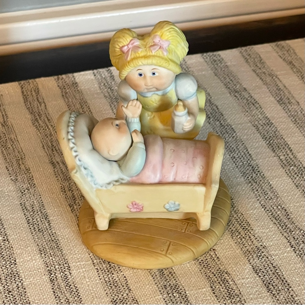 Vintage 1984 Cabbage Patch Porcelain Figurine - Xavier Roberts - Baby in Cradle